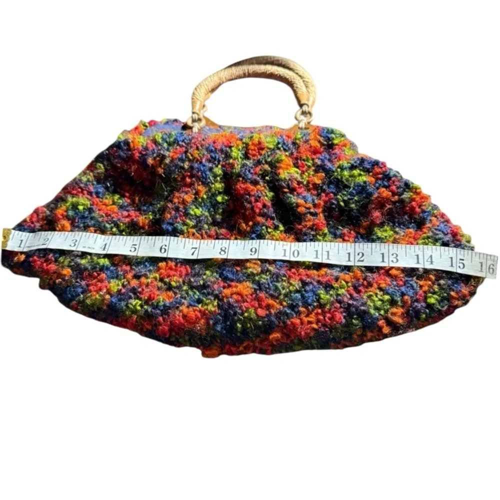 Hand-knitted Vtg.Boho Bag w/Raffia Handles Chunky Yarn Fully Lined Cottagecore